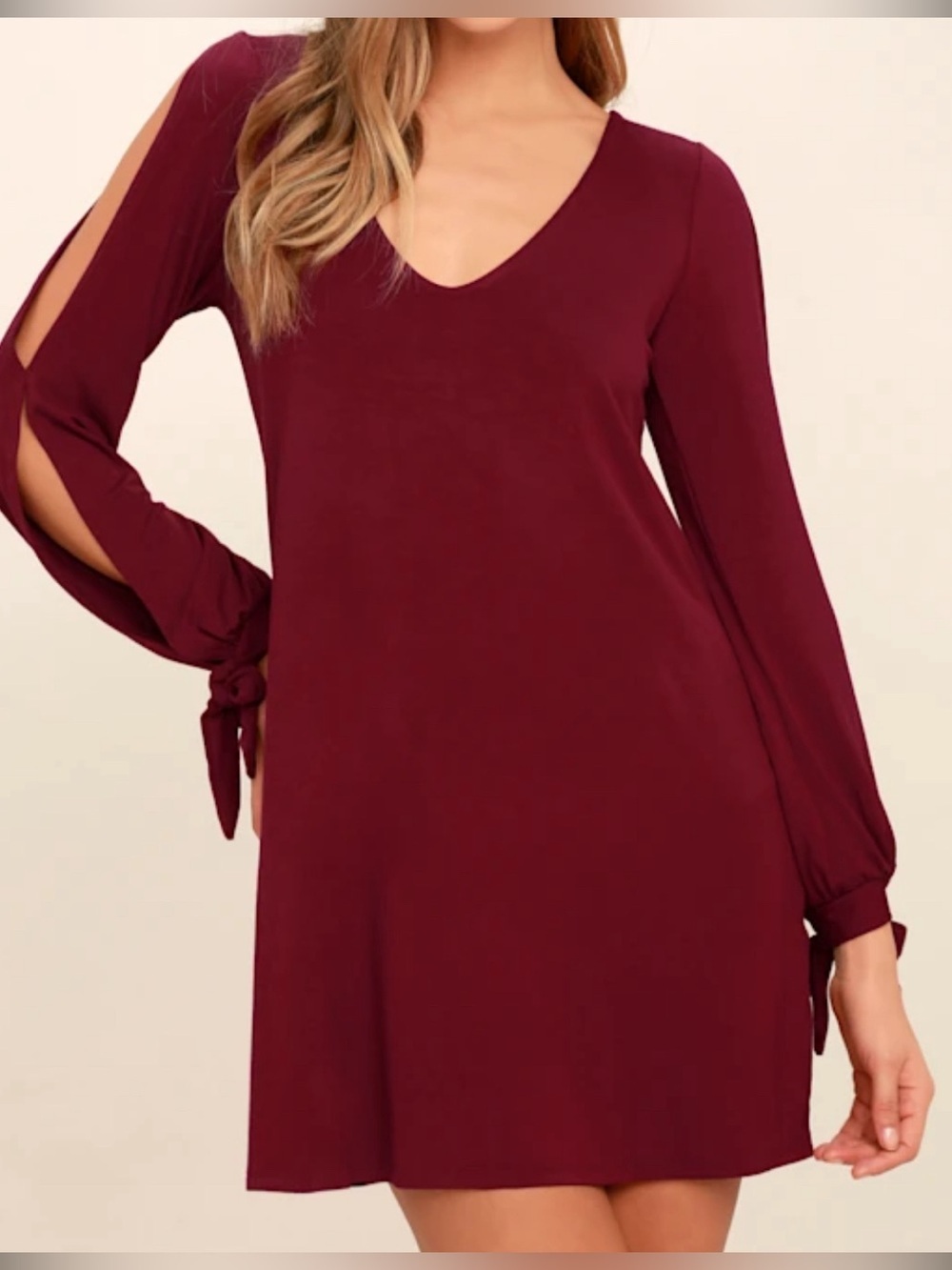 Lulu's Burgundy V-Neck Split-Sleeve Mini Dress